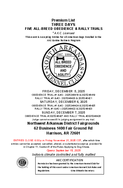 North Arkansas Kennel Club Three Day Obedience & Rally Trials